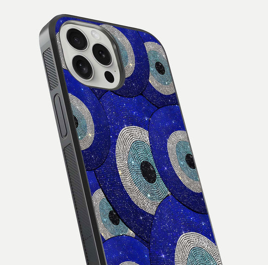 Galaxy Eye Flow Glass Case for iPhone 16 Pro close-up angled shot showing vivid swirl detail and reflection brightness
