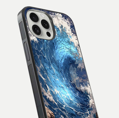 Giant Ocean Wave Glass Case for iPhone 16 Pro close-up angled shot showing wave texture and water reflection shine