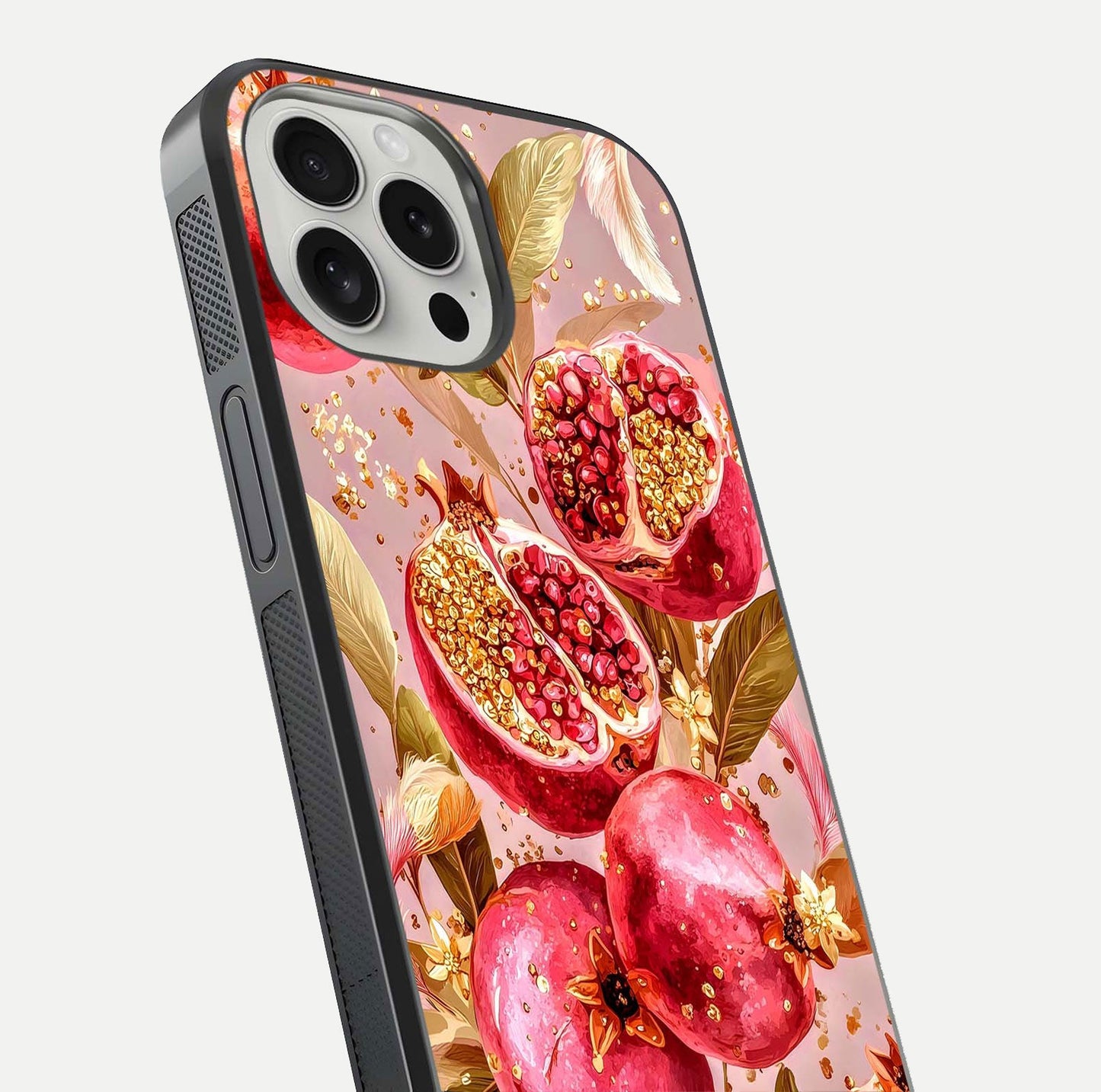 Golden Bloom Glow Glass Case for iPhone 16 Pro close-up angled shot showing metallic tones and reflection brilliance