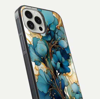 Golden Bloom Symphony Glass Case for iPhone 16 Pro close-up angled shot showing detailed petals and metallic gold reflection