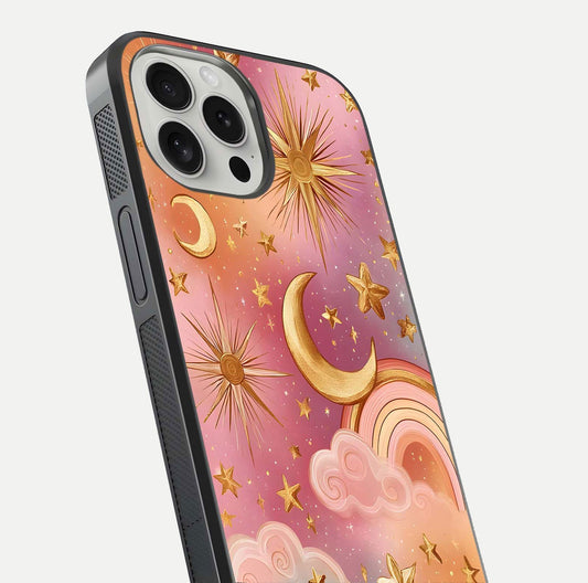 Golden Celestial Dreams Glass Case for iPhone 16 Pro close-up angled shot showing cosmic gold tones and reflection shine