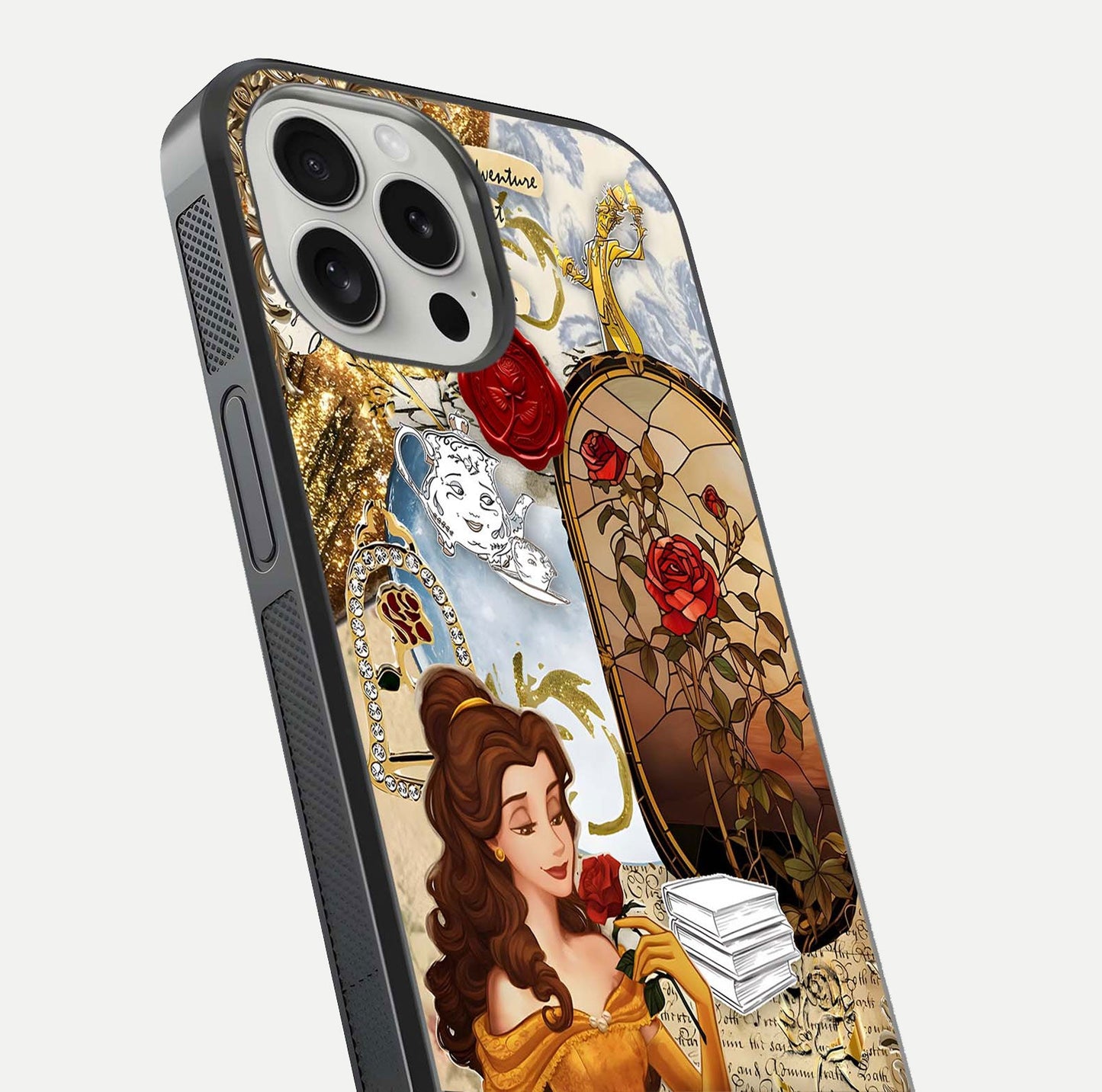 Golden Dream Belle Glass Case for iPhone 16 Pro close-up angled shot showing gradient tones and reflection polish