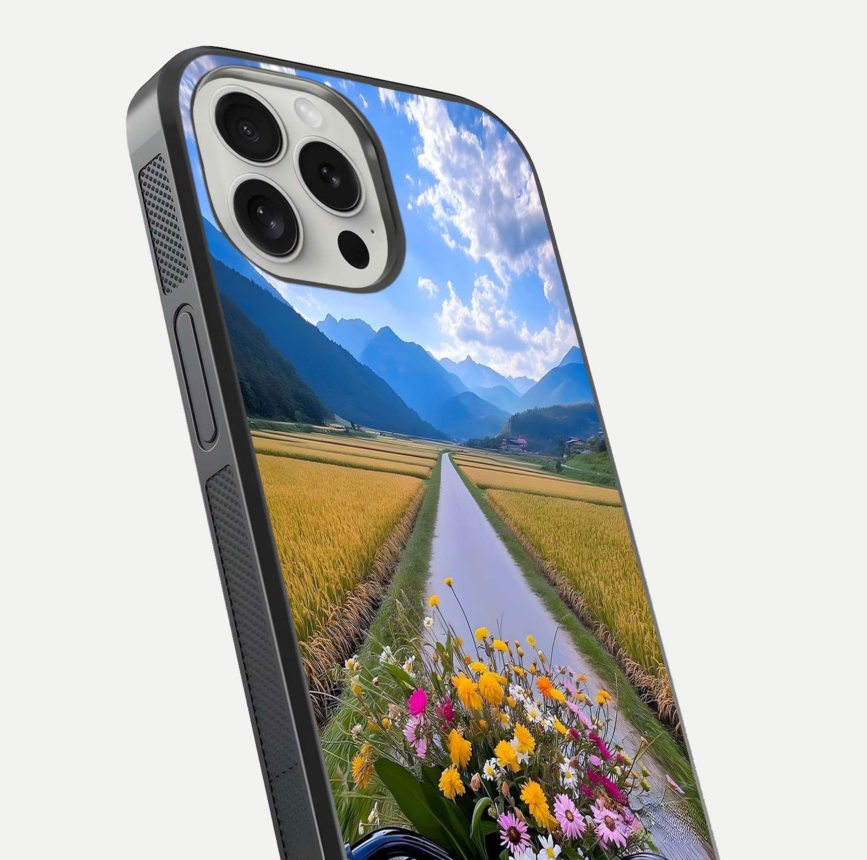 Golden Field Journey Glass Case for iPhone 16 Pro close-up angled shot showing sunlight tones and reflection clarity