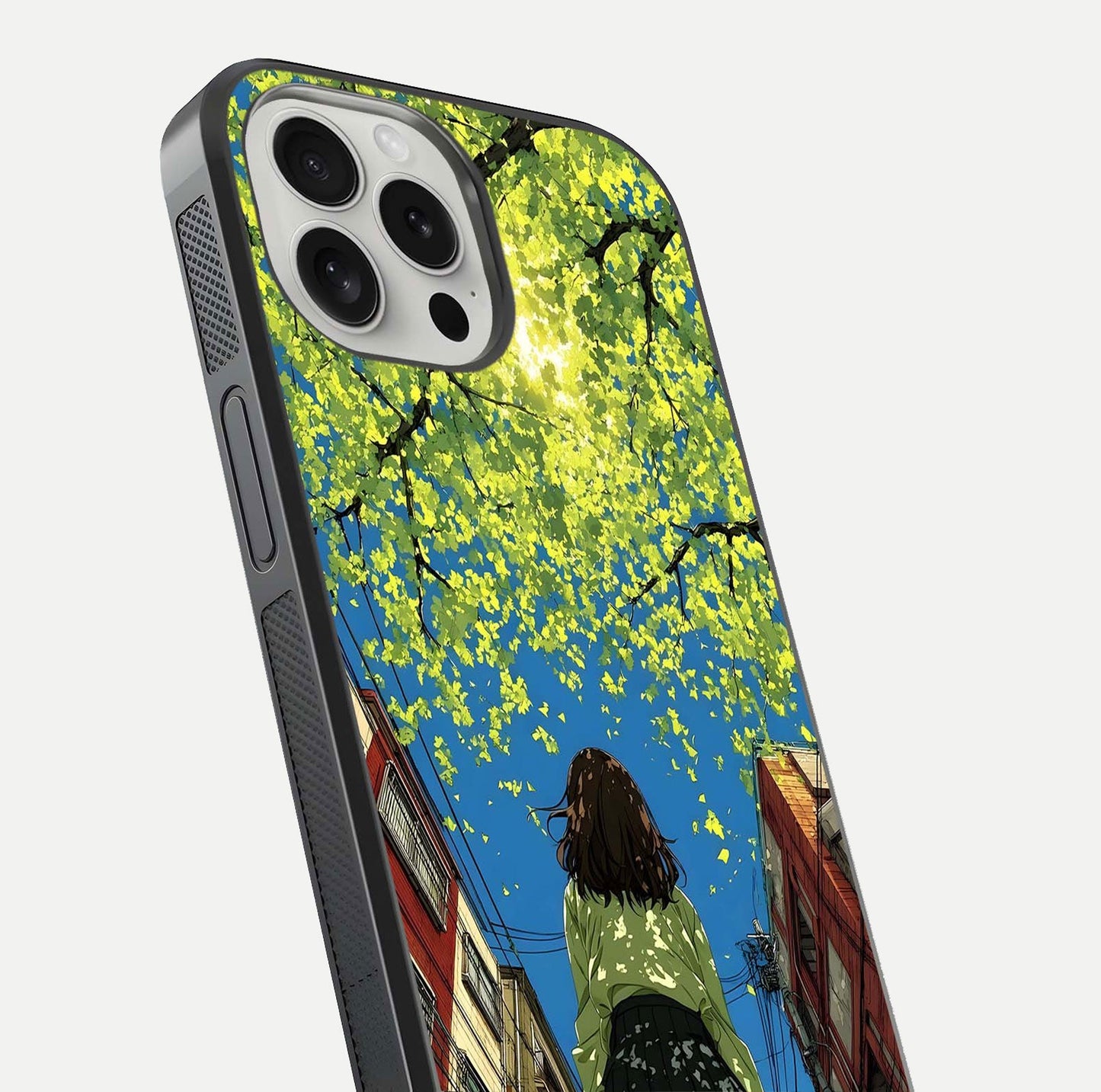 Golden Leaves Glow Glass Case for iPhone 16 Pro close-up angled shot showing fine leaf texture and reflection shine
