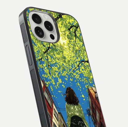Golden Leaves Glow Glass Case for iPhone 16 Pro close-up angled shot showing fine leaf texture and reflection shine