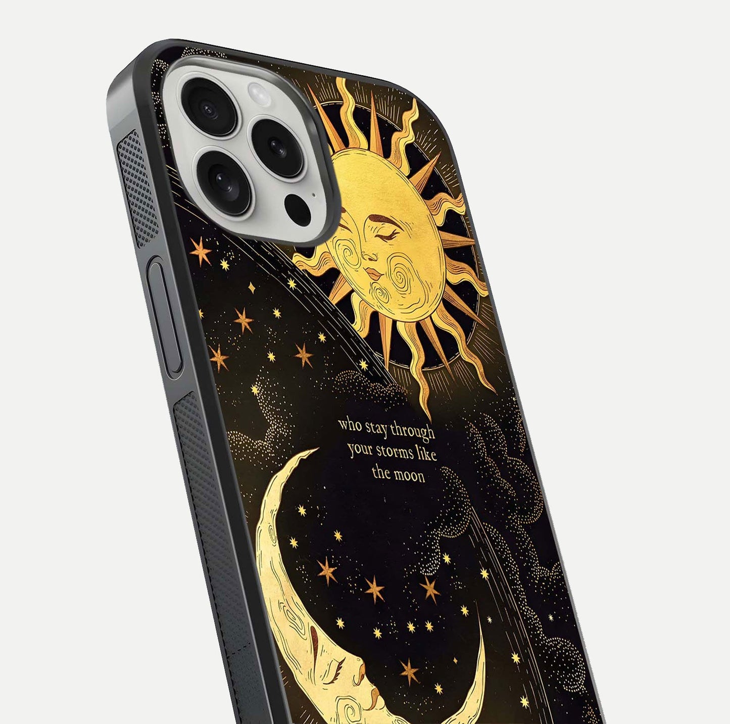 Golden Lunar Love Glass Case for iPhone 16 Pro close-up angled shot showing moon glow, texture, and reflection polish