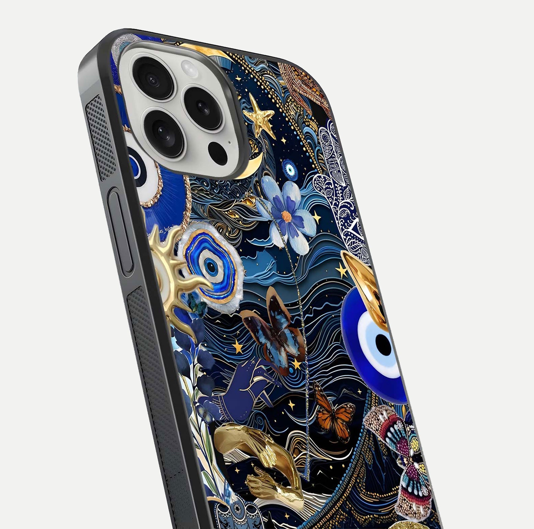Golden Moon Magic Glass Case for iPhone 16 Pro close-up angled shot showing lunar glow, star detail, and reflection brightness