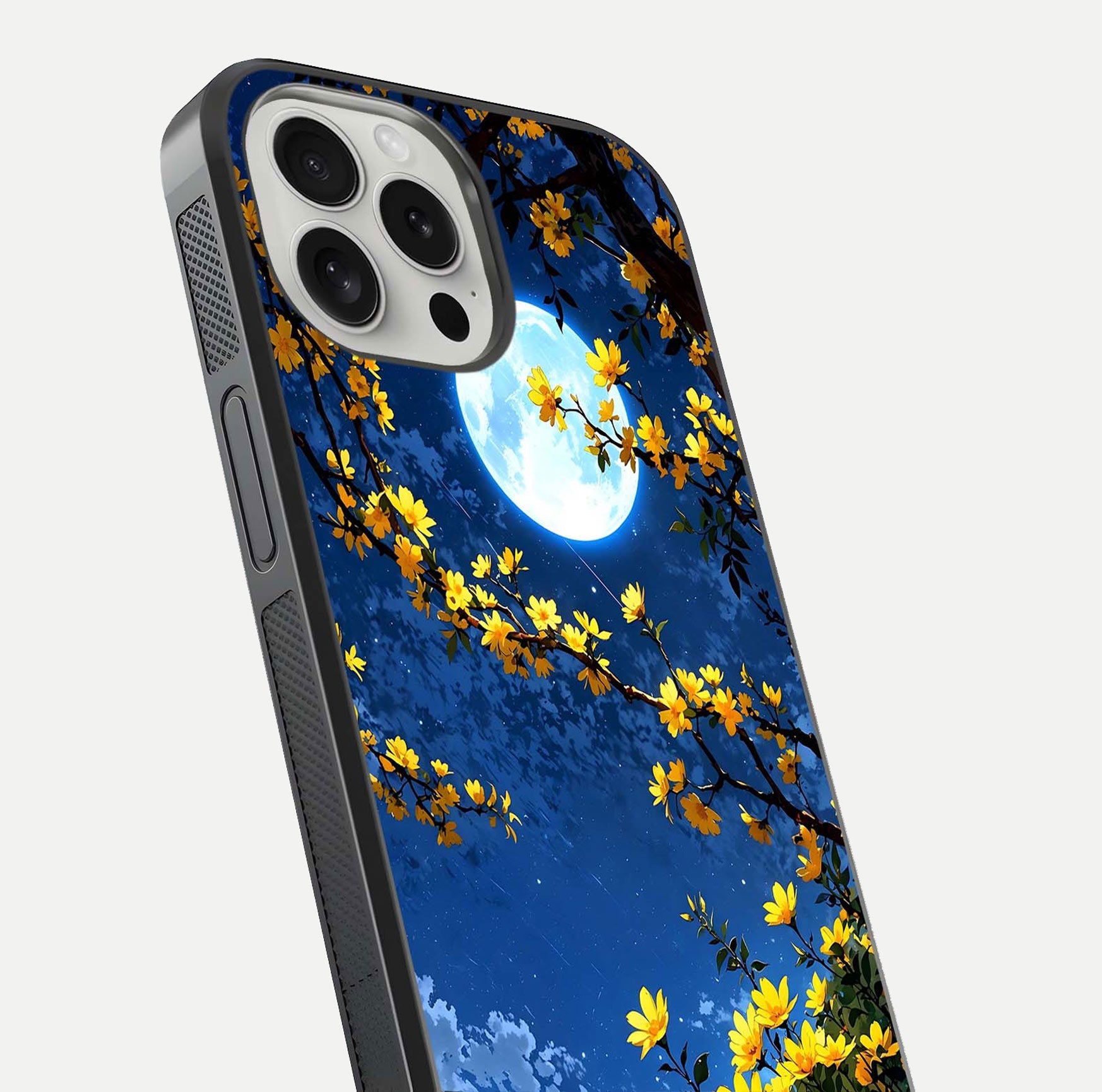 Golden Night Glow Glass Case for iPhone 16 Pro close-up angled shot showing shimmer texture and light reflection
