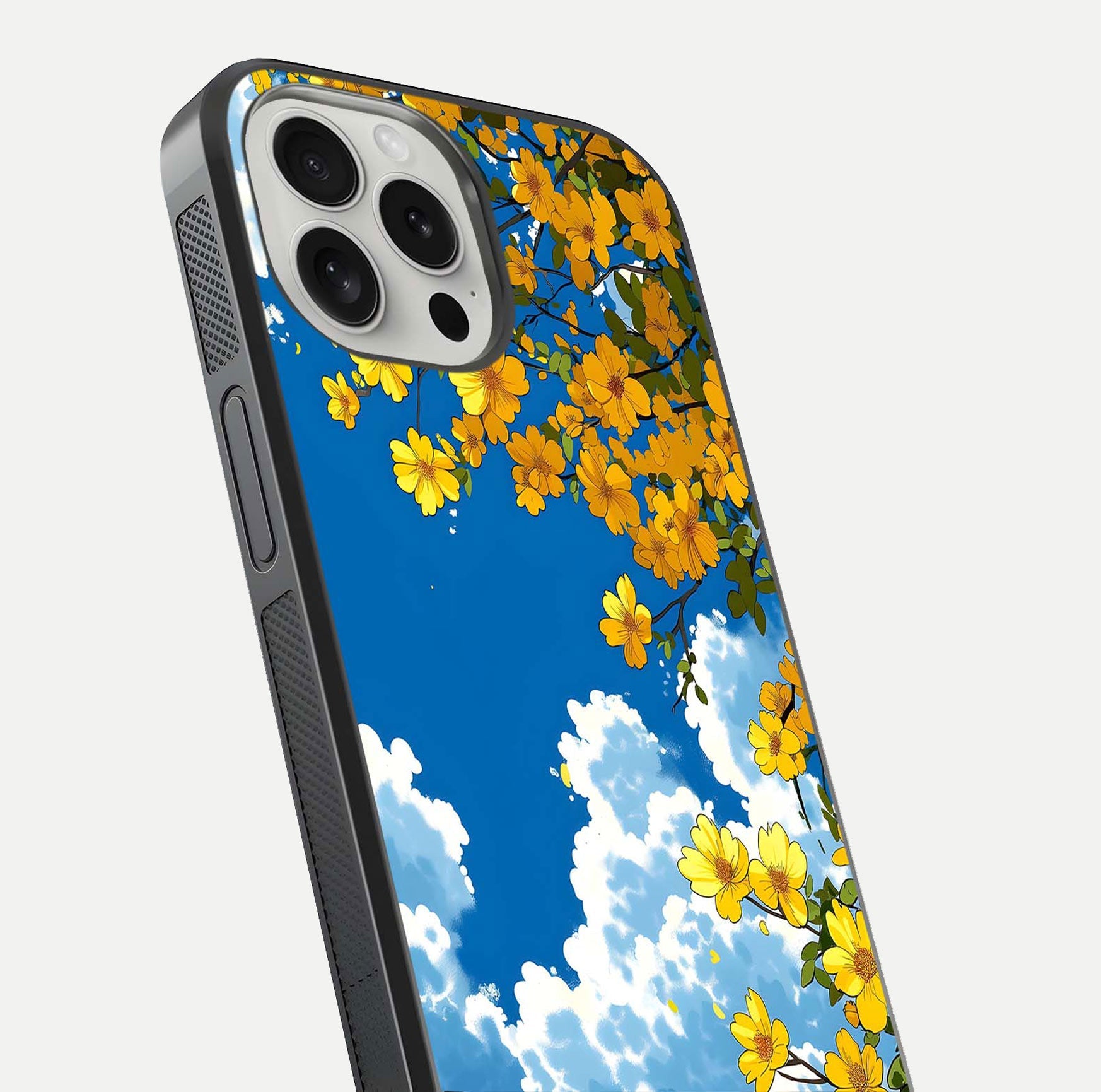 Golden Petal Sky Glass Case for iPhone 16 Pro close-up angled shot showing petal texture and shine reflection