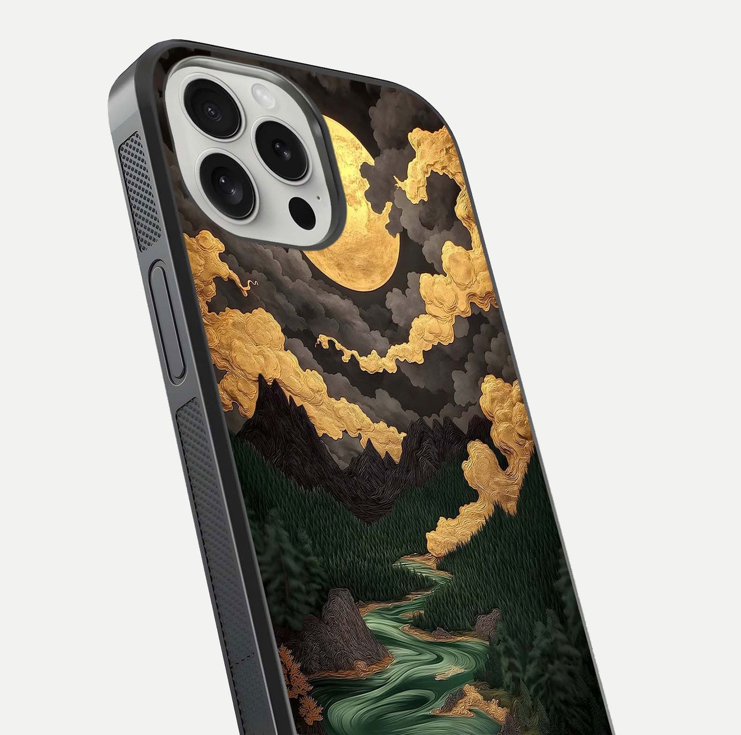 Golden River Moon Glass Case for iPhone 16 Pro close-up angled shot showing moon reflection and water shine