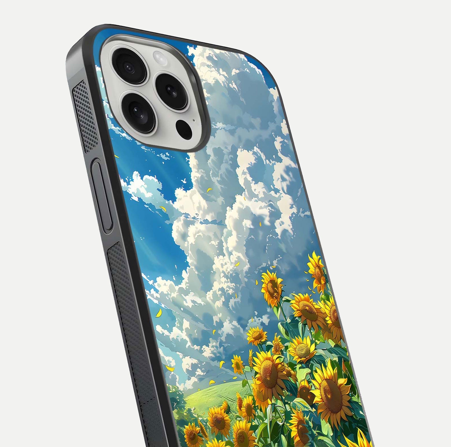 Golden Sun Glory Glass Case for iPhone 16 Pro close-up angled shot showing sunlight reflection and gold detailing