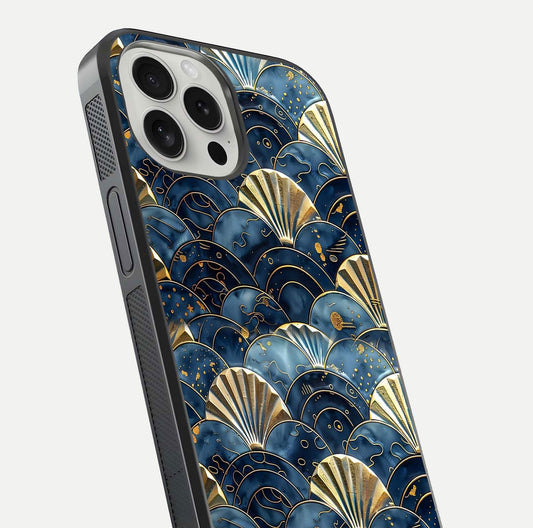 Golden Wave Luxe Glass Case for iPhone 16 Pro close-up angled shot showing flowing wave texture and reflection brightness