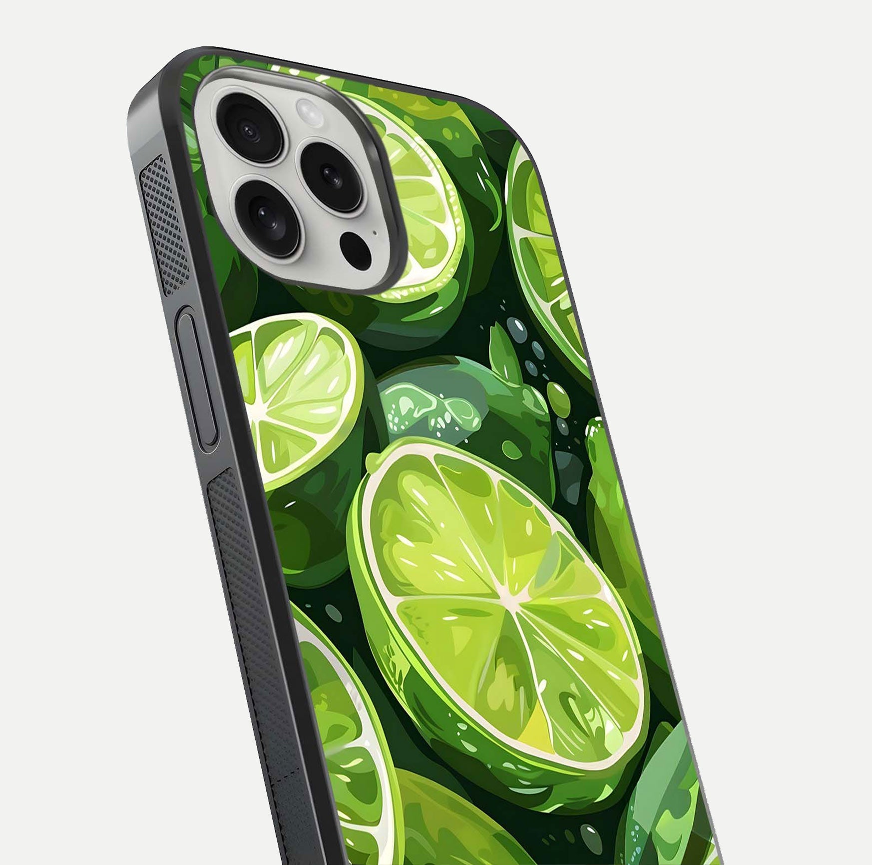 Green Lemon Glass Case for iPhone 16 Pro close-up angled shot showing lemon slice texture and reflection brightness