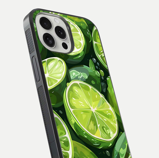 Green Lemon Glass Case for iPhone 16 Pro close-up angled shot showing lemon slice texture and reflection brightness