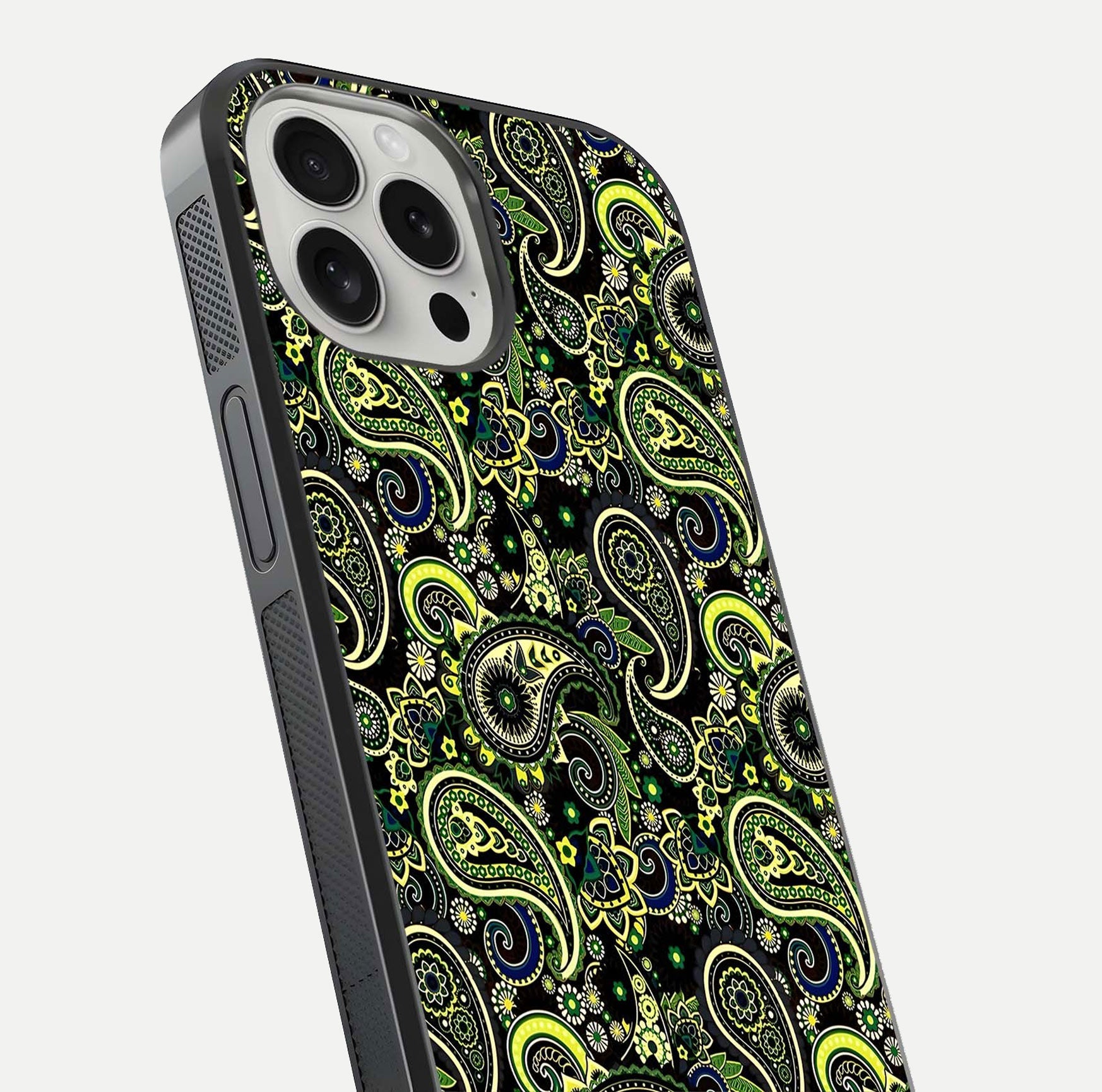 Green Mandala Pattern Glass Case for iPhone 16 Pro close-up angled shot showing fine detailing and gold-green reflection