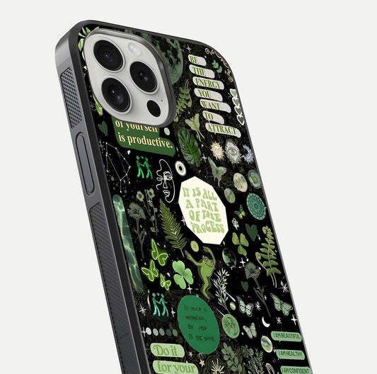Green Moon Energy Glass Case for iPhone 16 Pro close-up angled shot showing glowing lunar detail and reflection shine