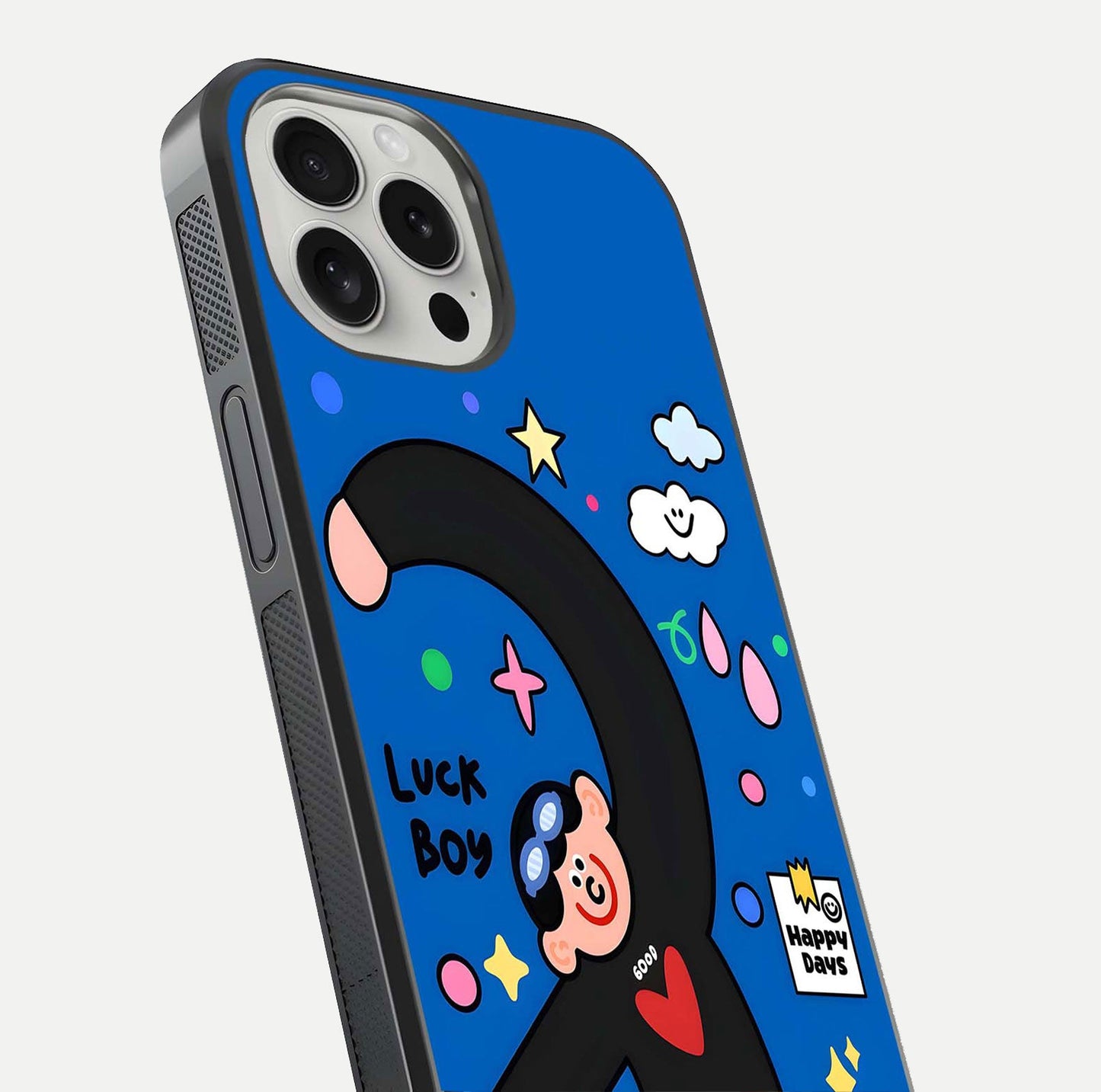 Happy Luck Vibe Glass Case for iPhone 16 Pro close-up angled shot showing color details and reflection shine