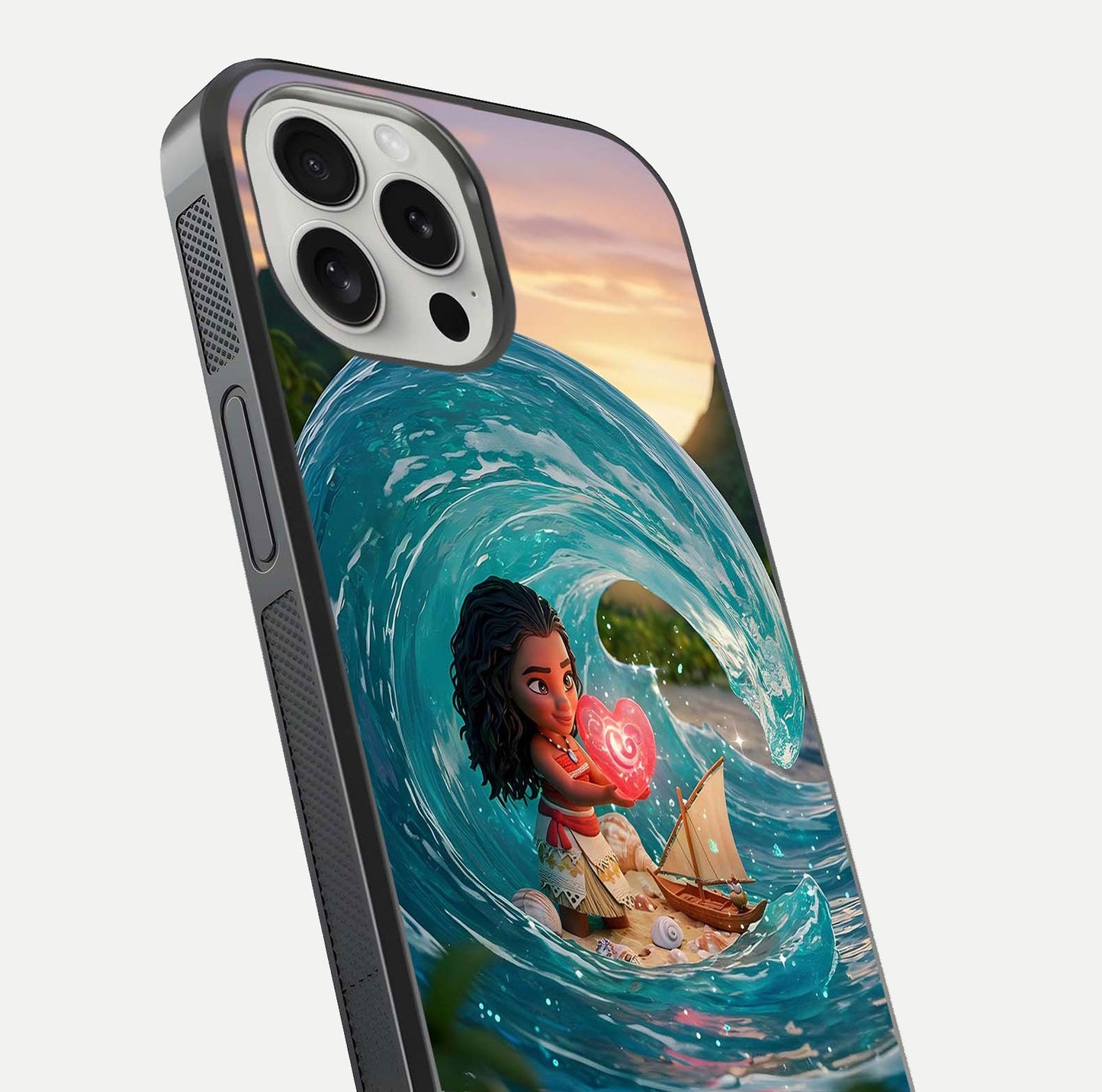 Heart of Ocean Glass Case for iPhone 16 Pro close-up angled shot showing blue tones and reflection shine