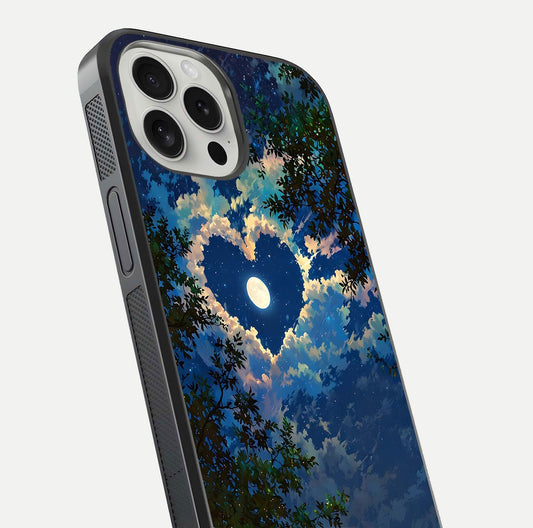Heart with Moon Sky Glass Case for iPhone 16 Pro close-up angled shot showing lunar reflection and shine detail