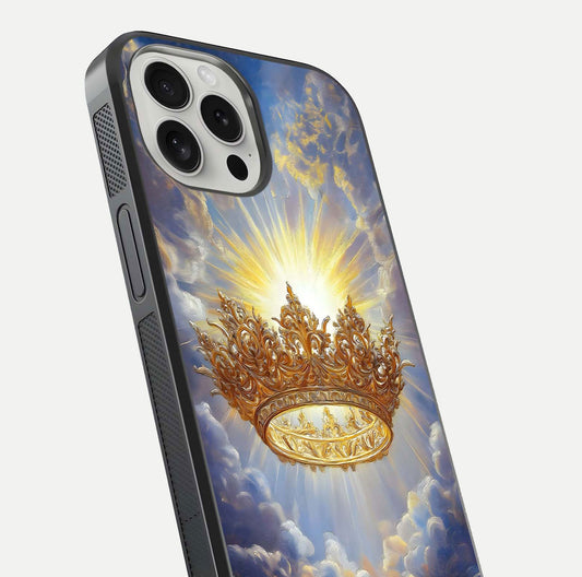 Heavenly Crown Light Glass Case for iPhone 16 Pro close-up angled shot showing glowing halo details and smooth reflection