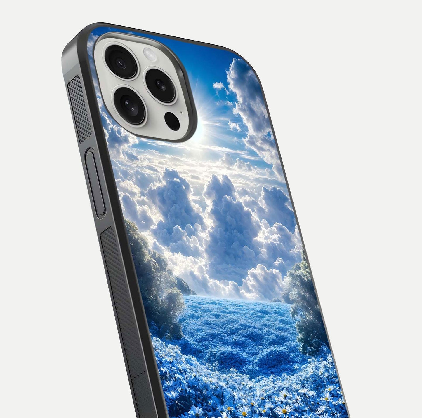 Heavenly Daisy Horizon Glass Case for iPhone 16 Pro close-up angled shot showing daisy petal details and light reflection