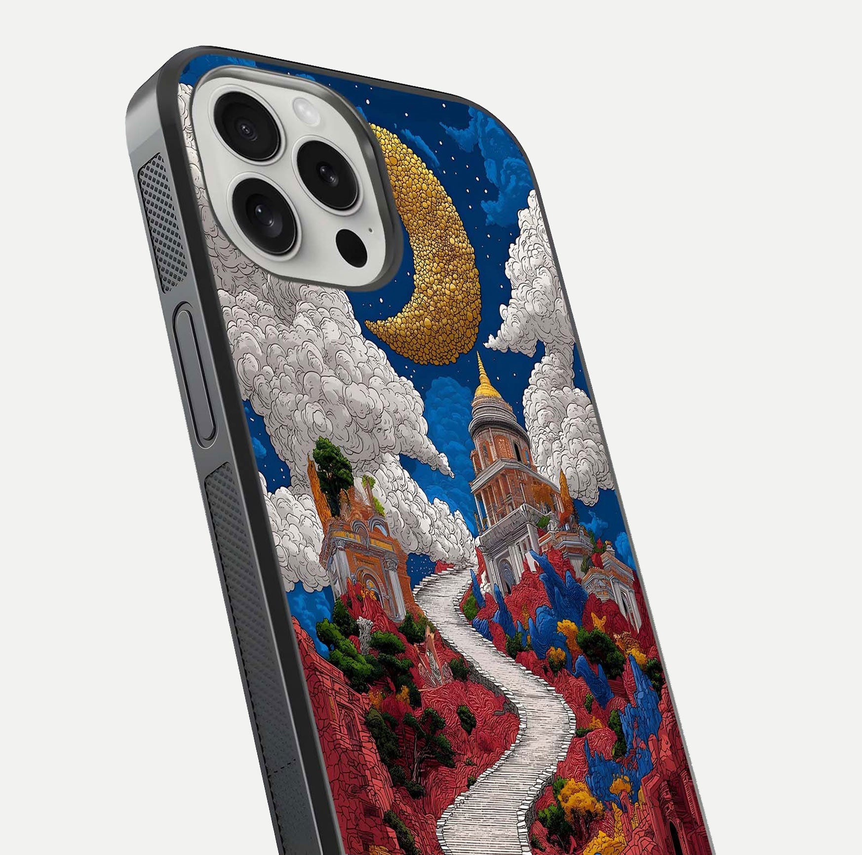 Heavenly Moon Path Glass Case for iPhone 16 Pro close-up angled shot showing moon reflection and shimmer texture
