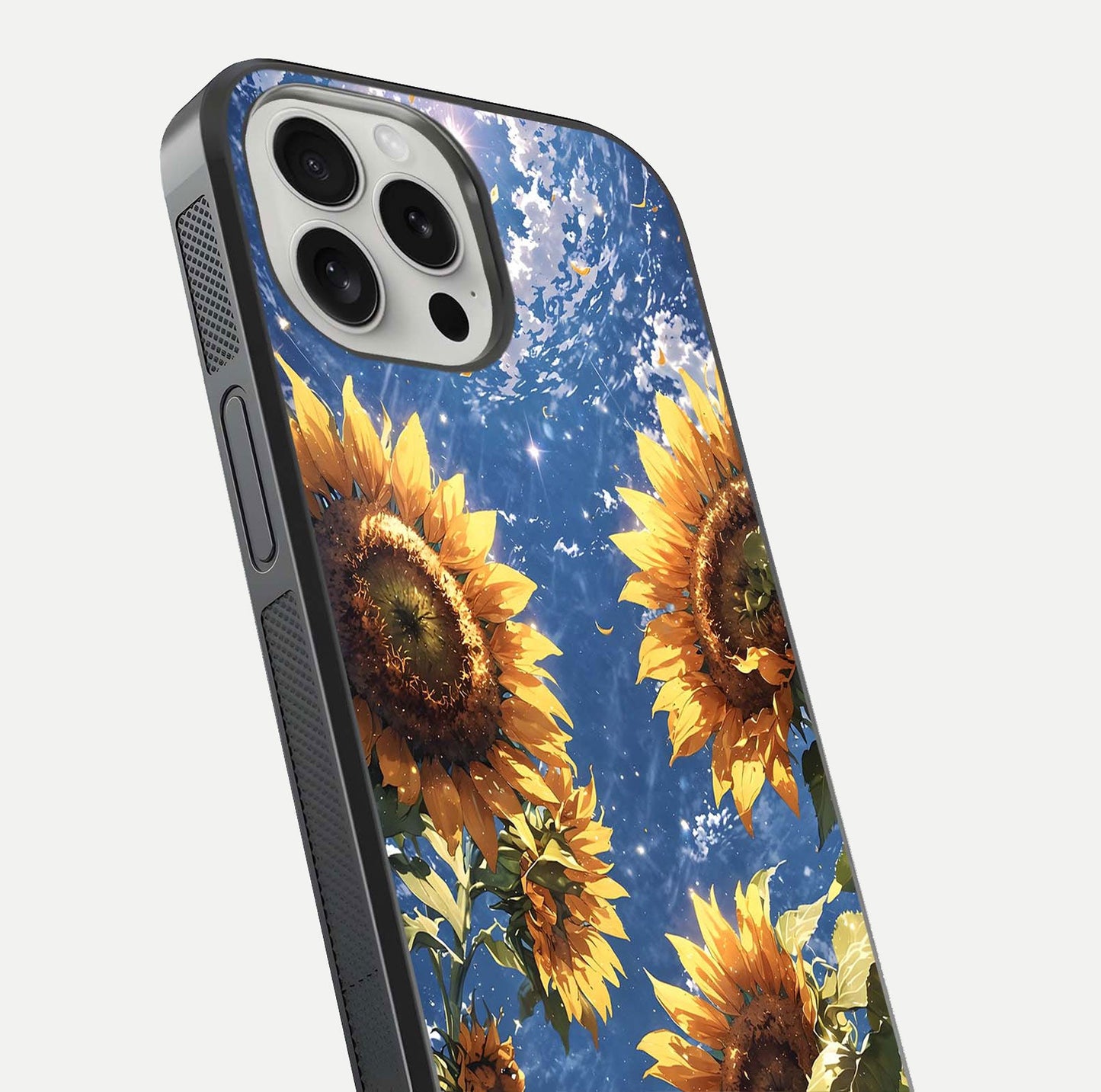 Heavenly Sunflower Rise Glass Case for iPhone 16 Pro close-up angled shot showing sunflower texture and reflection polish