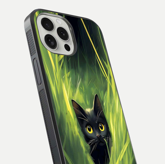 Hidden Cat Whisper Glass Case for iPhone 16 Pro close-up angled shot showing feline details and reflection polish
