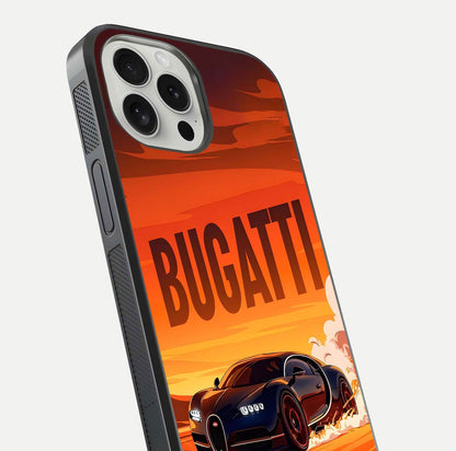 Inferno Bugatti Storm Glass Case for iPhone 16 Pro close-up angled shot showing flame details and reflection shine