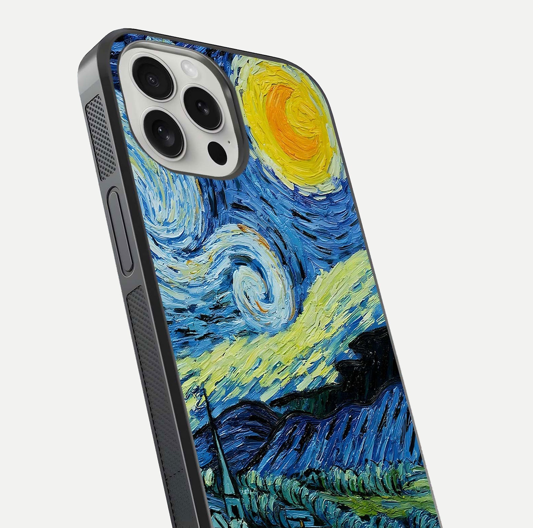 Inspired Van Gogh Art Glass Case for iPhone 16 Pro close-up angled shot showing brushstroke texture and shine detail