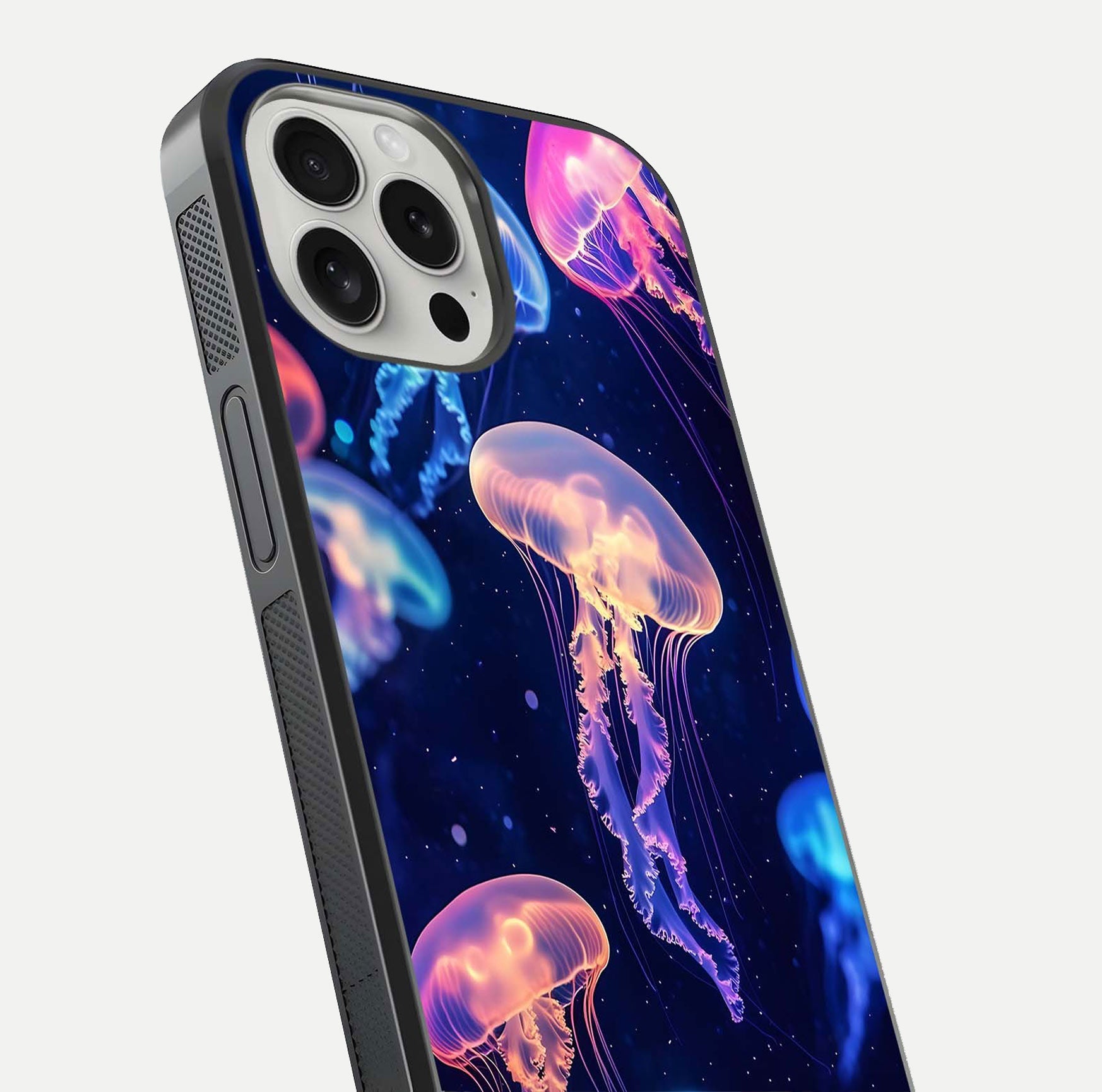 Jellyfish Pattern Glass Case for iPhone 16 Pro close-up angled shot showing translucent tentacles and light reflection