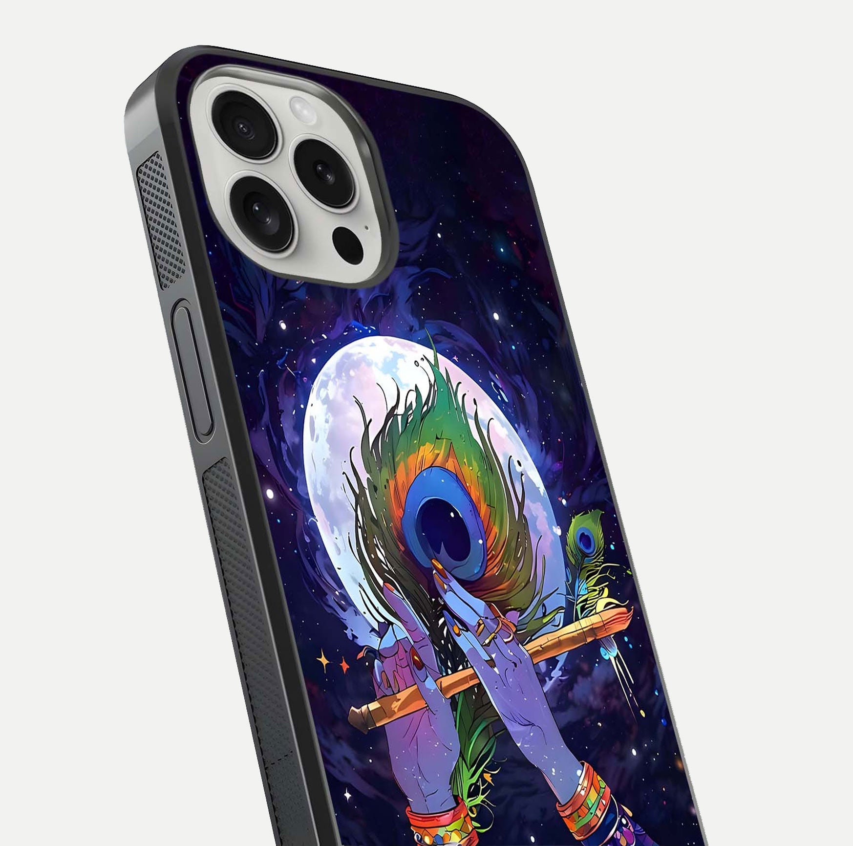 Krishna Hands Art Glass Case for iPhone 16 Pro close-up angled shot showing detailed hand design and shine