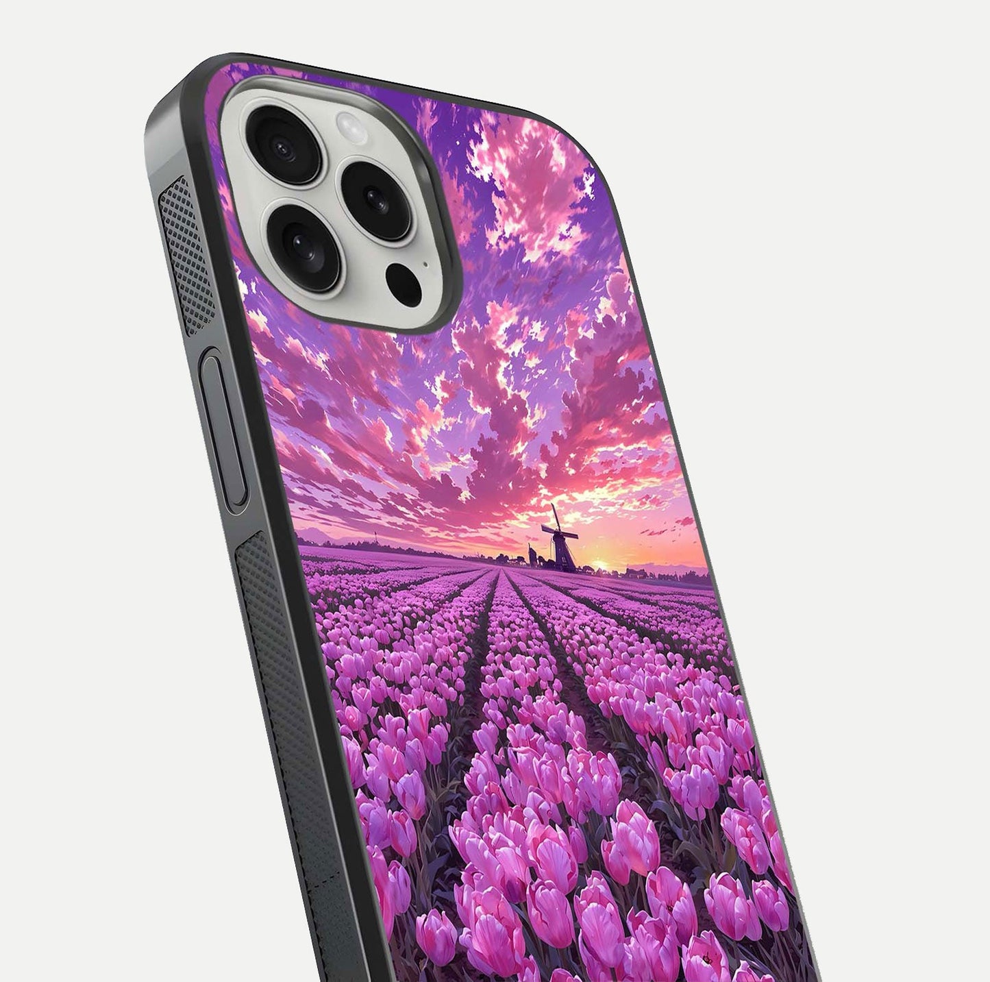 Lavender Dream Skies Glass Case for iPhone 16 Pro close-up angled shot showing purple hues and soft reflection