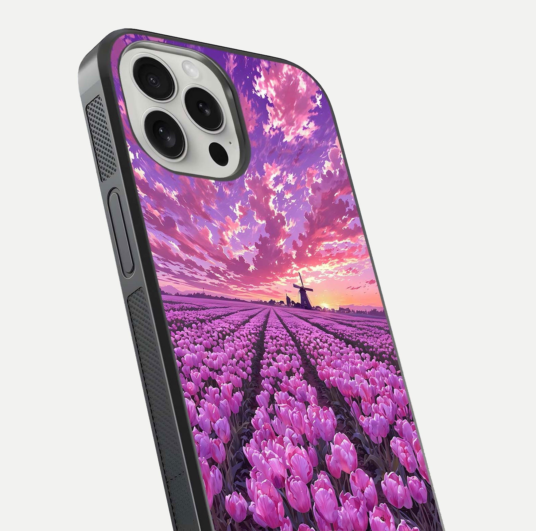 Lavender Dream Skies Glass Case for iPhone 16 Pro close-up angled shot showing purple hues and soft reflection