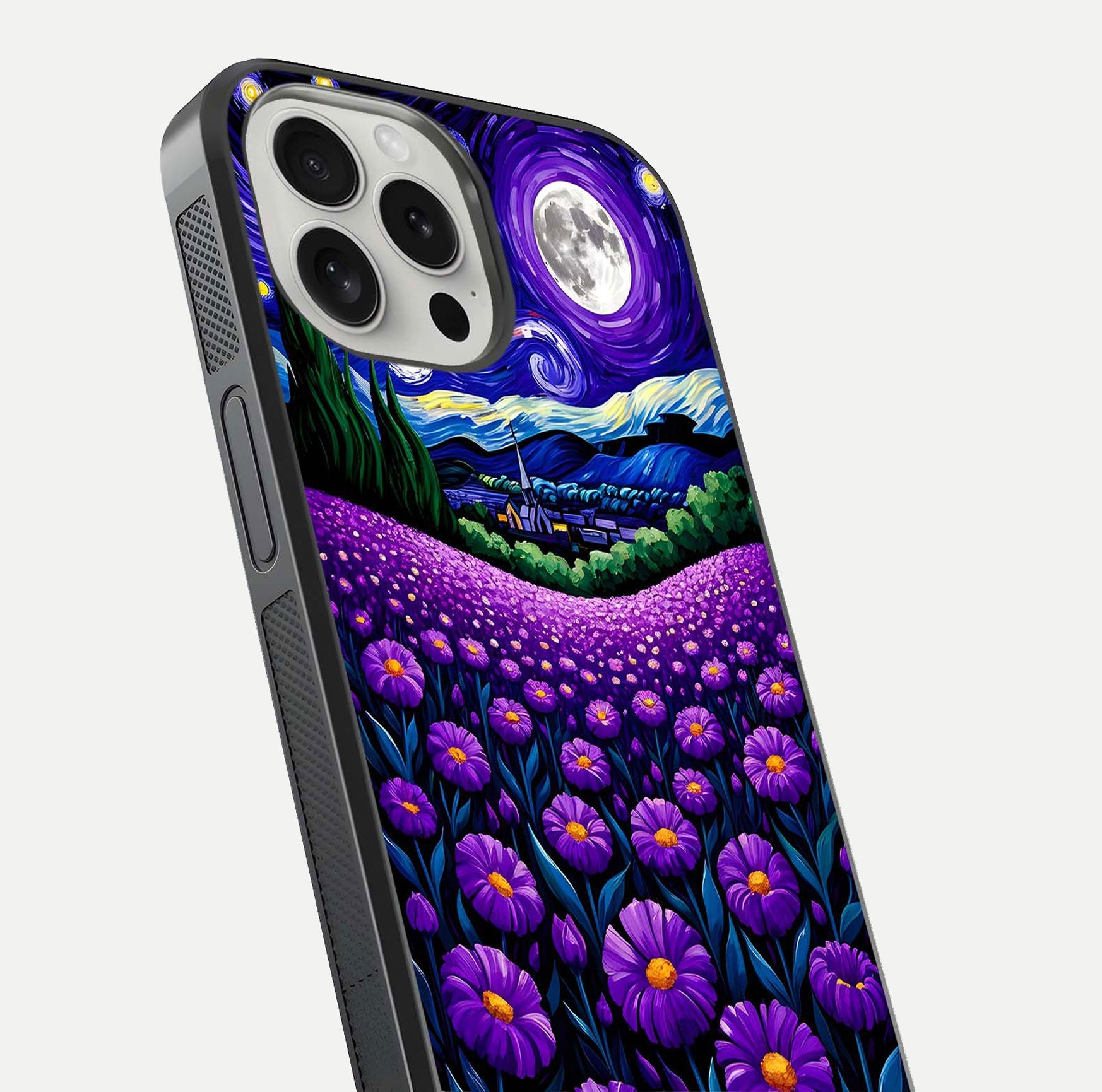 Lavender Moon Field Glass Case for iPhone 16 Pro close-up angled shot showing moon glow and purple detailing