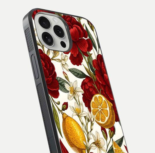 Lemon Rose Charm Glass Case for iPhone 16 Pro angled close-up showing vivid rose details and HD glass reflection