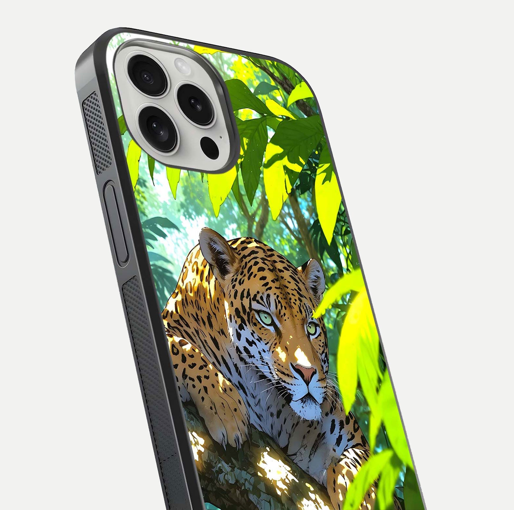 Leopard in Jungle Glass Case for iPhone 16 Pro angled close-up showing fur texture and glossy shine reflection