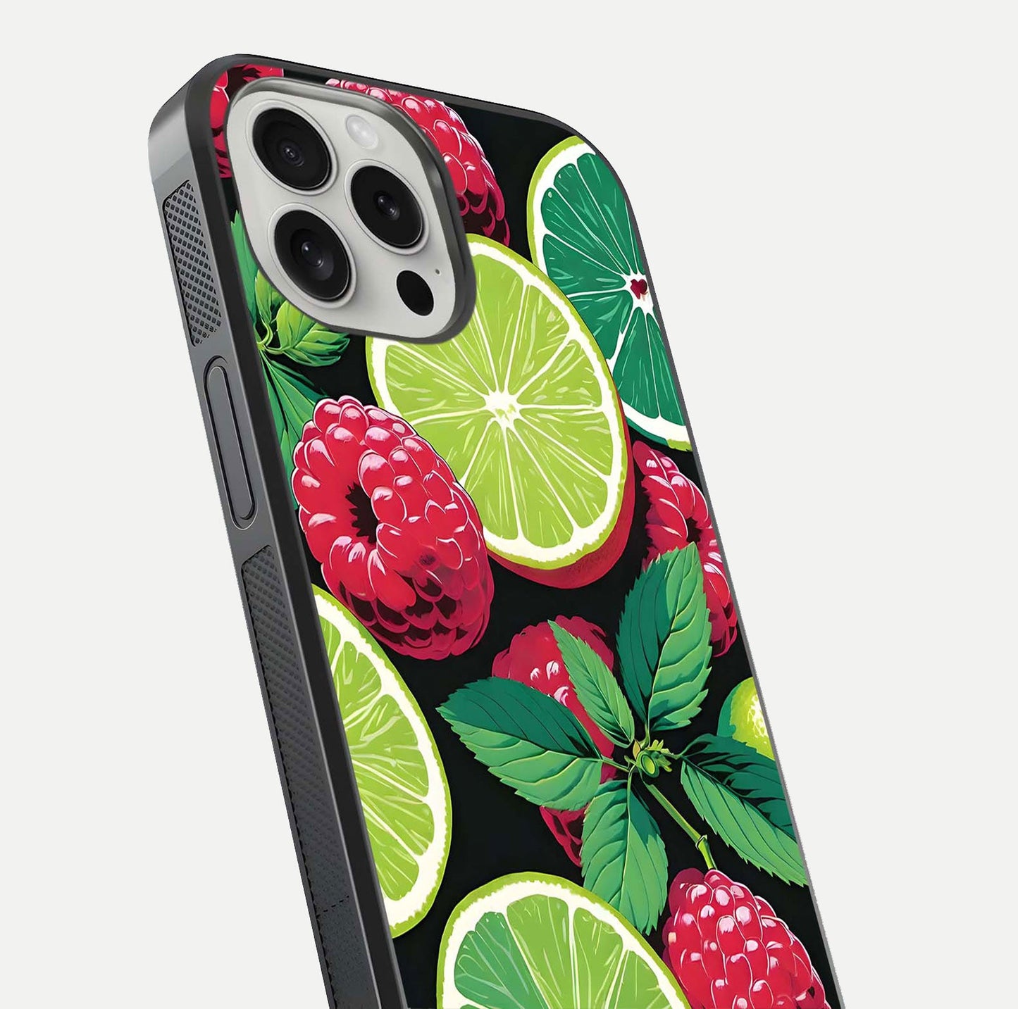 Lime and Raspberry Pattern Glass Case for iPhone 16 Pro angled close-up showing fruit texture and reflection glow