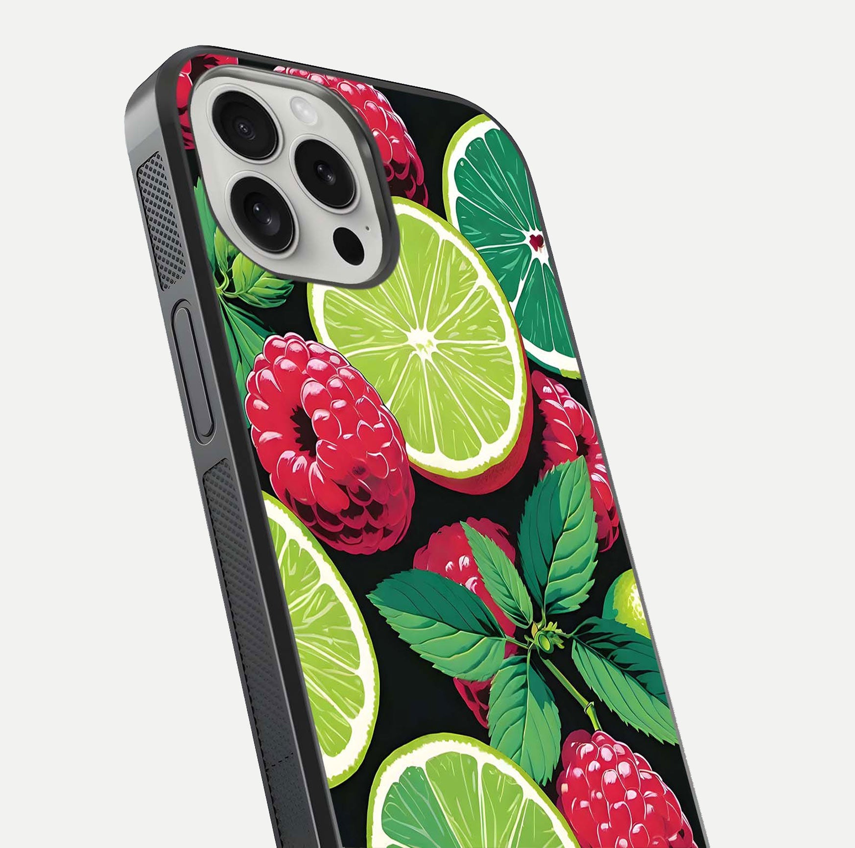 Lime and Raspberry Pattern Glass Case for iPhone 16 Pro angled close-up showing fruit texture and reflection glow