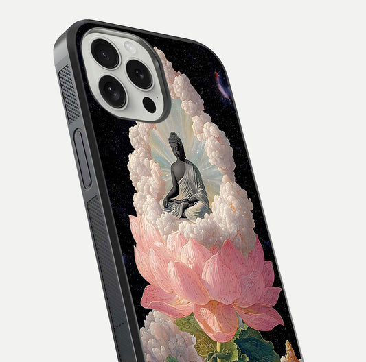 Lotus Divine Peace Glass Case for iPhone 16 Pro angled close-up showing delicate petals and gloss reflection