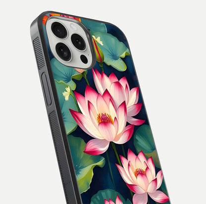 Lotus Dream Serenity Glass Case for iPhone 16 Pro close-up angled shot showing floral details and soft shine
