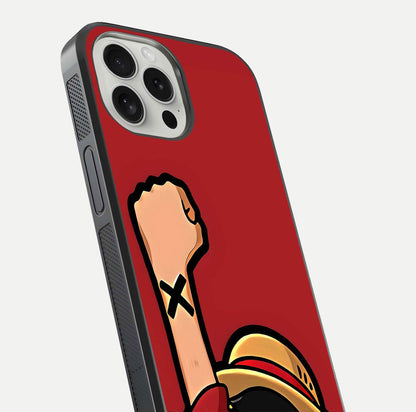 Luffy X Spirit Glass Case for iPhone 16 Pro close-up angled shot showing character detailing and gloss texture