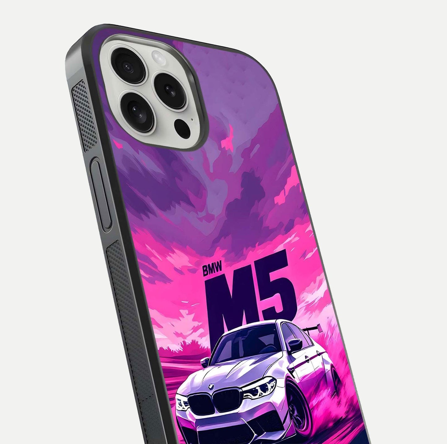MS Neon Car Glass Case for iPhone 16 Pro close-up angled shot showing vivid neon reflections and shine