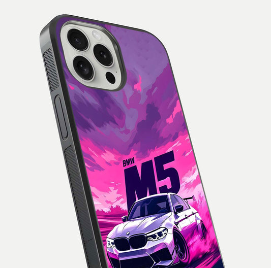 MS Neon Car Glass Case for iPhone 16 Pro close-up angled shot showing vivid neon reflections and shine