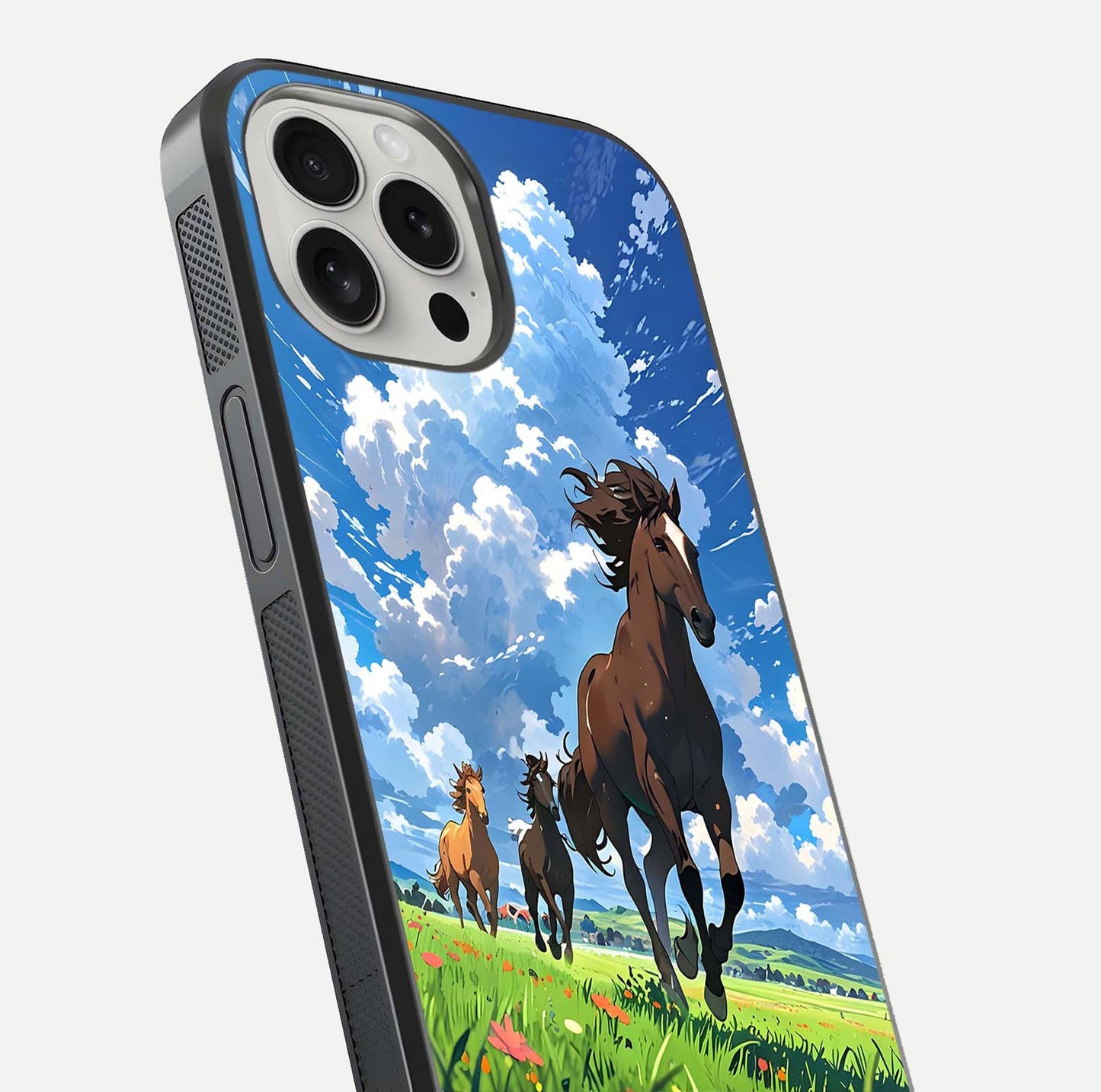 Majestic Horses Galloping Glass Case for iPhone 16 Pro close-up angled shot showing horse motion and reflection