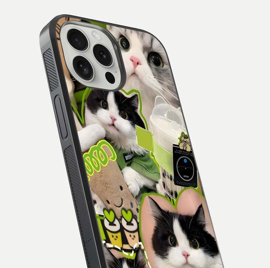 Matcha Cats Mood Glass Case for iPhone 16 Pro close-up angled shot showing adorable cat art and reflection detail