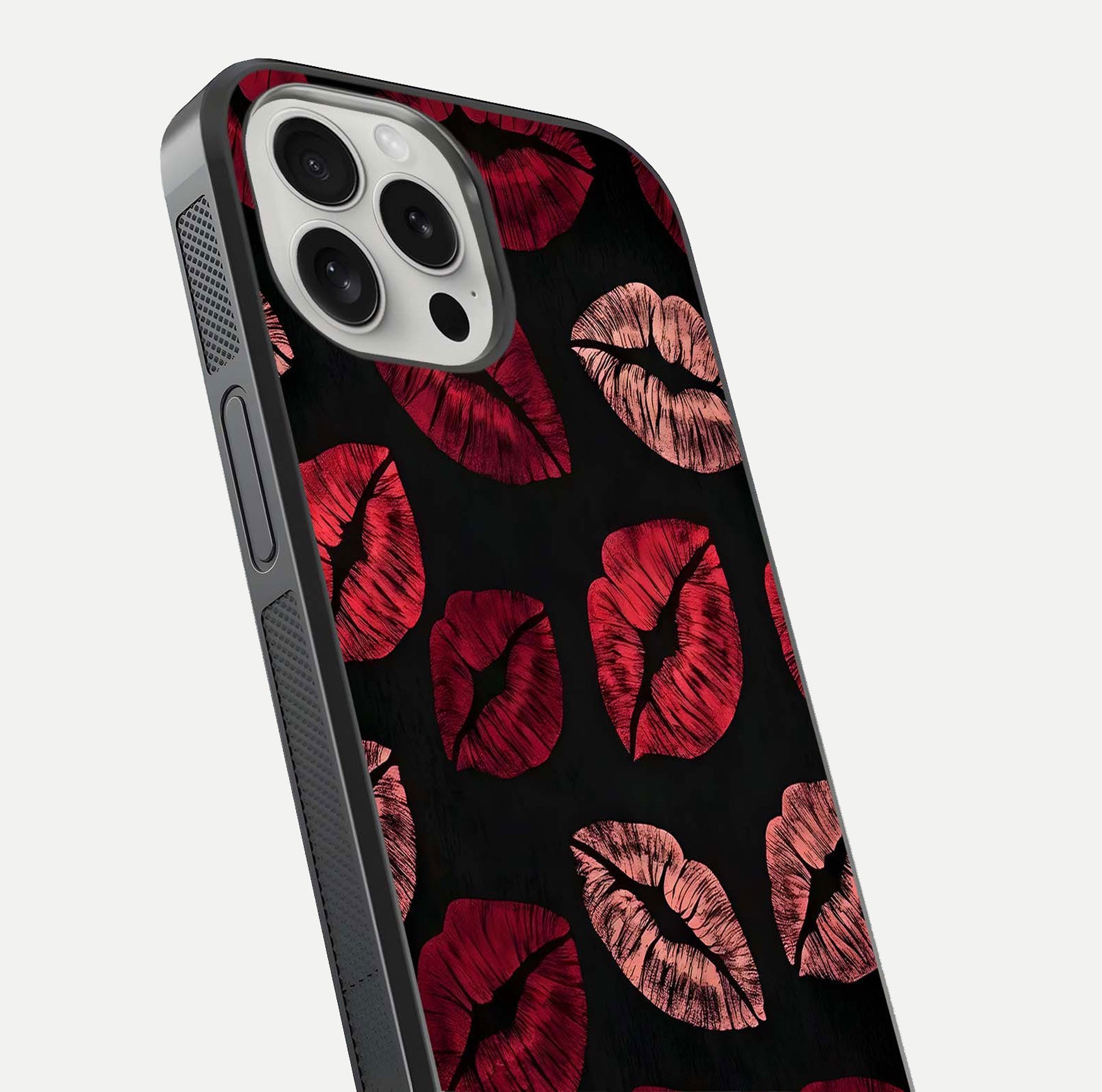 Midnight Kiss Love Glass Case for iPhone 16 Pro close-up angle highlighting red accents and reflection shine