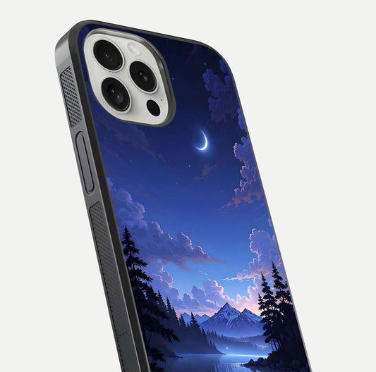 Midnight Lake Peace Glass Case for iPhone 16 Pro close-up angled shot showing blue night tones and reflection