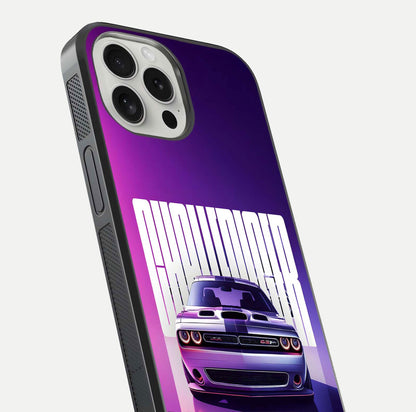 Midnight Muscle Ride Glass Case for iPhone 16 Pro close-up angled shot showing HD reflections and car details