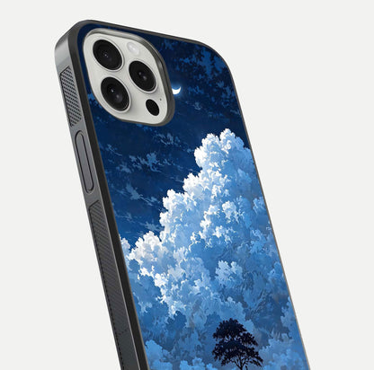 Midnight Sky Serenity Glass Case for iPhone 16 Pro close-up angled shot showing starlit tones and reflection